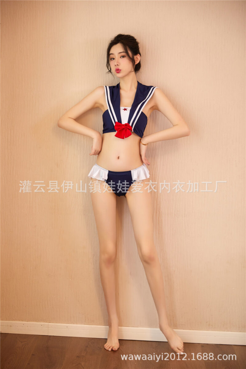 ชุดนักเรียน คอปกทหารเรือสีกรมขอบสีขาวโบว์สีแดงกางเกงเข้าเซตแต่งระบาย - Image 5