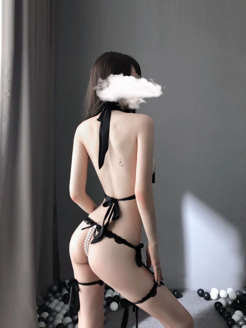 ชุดชั้นในเซ็กซี่แต่งไข่มุกทั้งชุดแหวกอกแหวกเป้าจีสตริงมีไข่มุกตรงกลาง - Image 6