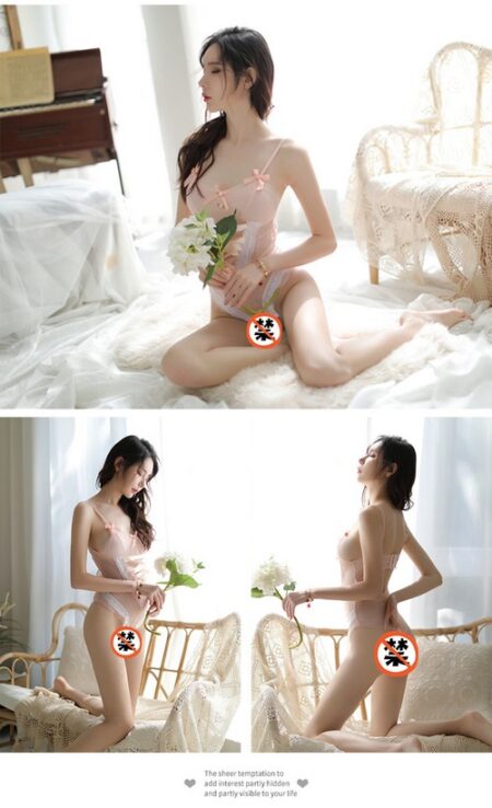 ชุดวันพีชเซ็กซี่รัดรูปสายเดี่ยวสายปรับได้ติดริบบิ้นดอกไม้ตกแต่งริ้บบิ้นไขว้