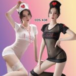 ชุดเดรสพยาบาลผ้าซีทรูรัดรูปผ้ายืดอกแต่งลายคลื่นหัวใจ